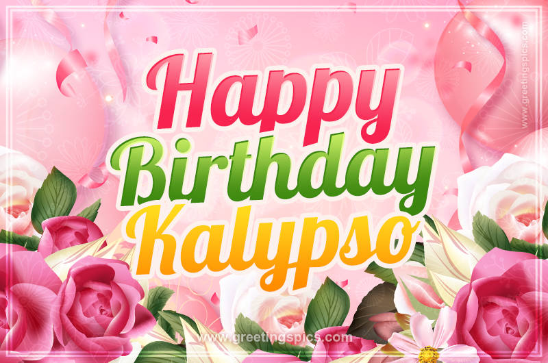 Image with gentle pink background and flowers Happy Birthday Kalypso