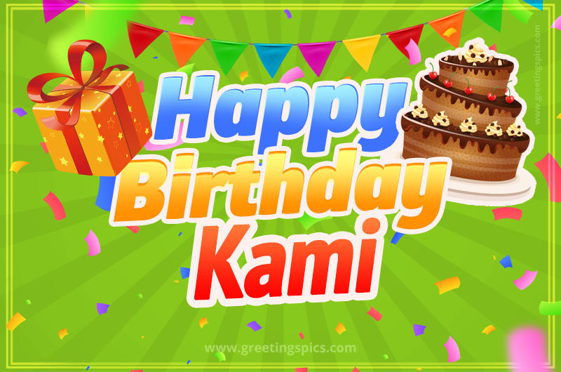 Happy Birthday Kami picture with flags, chocolate cake and gift box