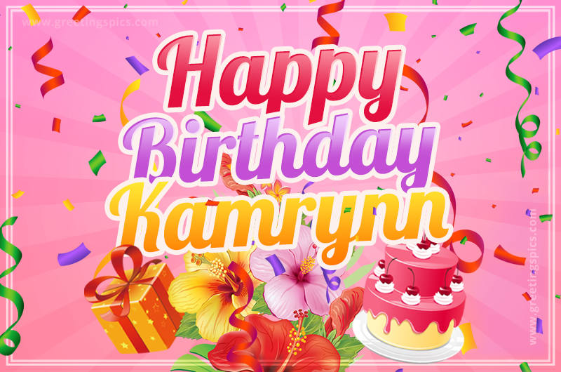 Beautiful Birthday Card for Kamrynn with Cake and bouquet of flowers