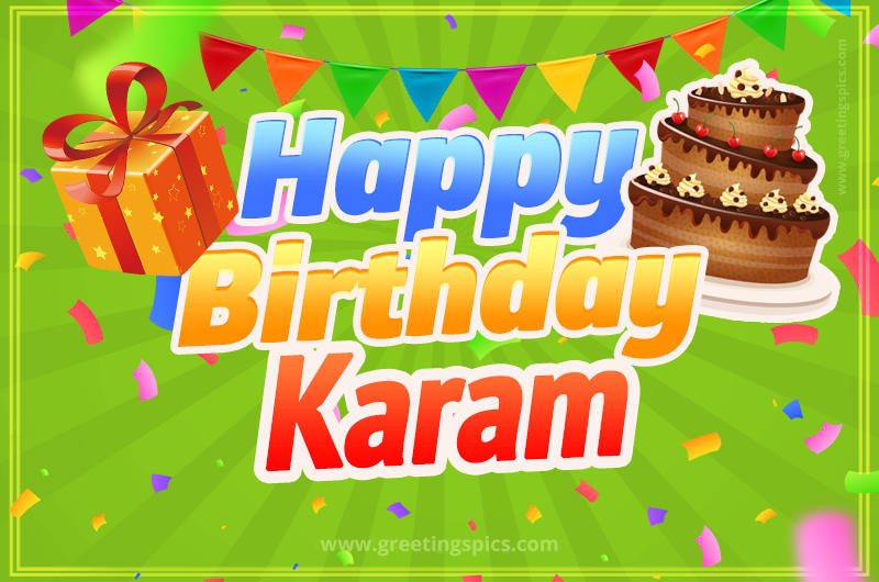 Happy Birthday Karam picture with flags, chocolate cake and gift box