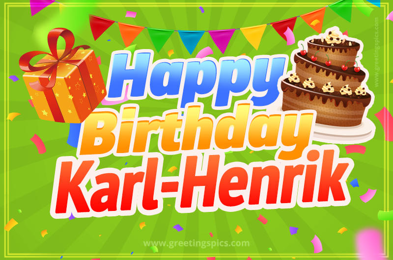 Happy Birthday Karl-Henrik picture with flags, chocolate cake and gift box