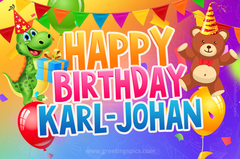 Happy Birthday Karl-Johan Image for a child with cute baby dinosaur and bear