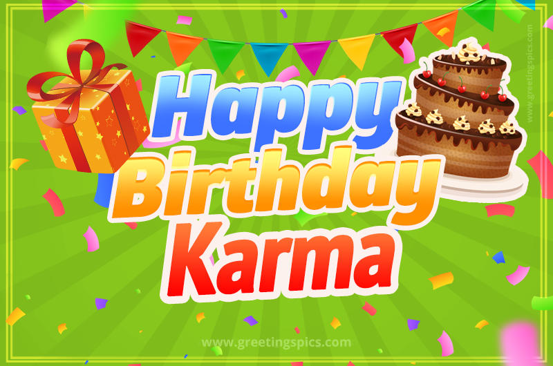 Happy Birthday Karma picture with flags, chocolate cake and gift box