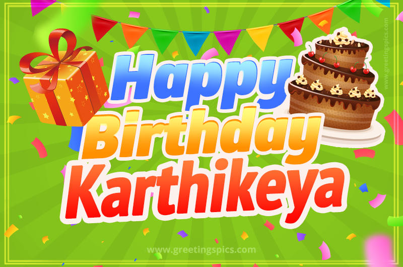 Happy Birthday Karthikeya picture with flags, chocolate cake and gift box