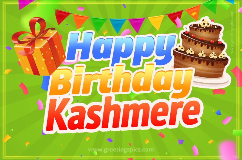 Happy Birthday Kashmere picture with flags, chocolate cake and gift box