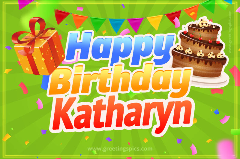 Happy Birthday Katharyn picture with flags, chocolate cake and gift box