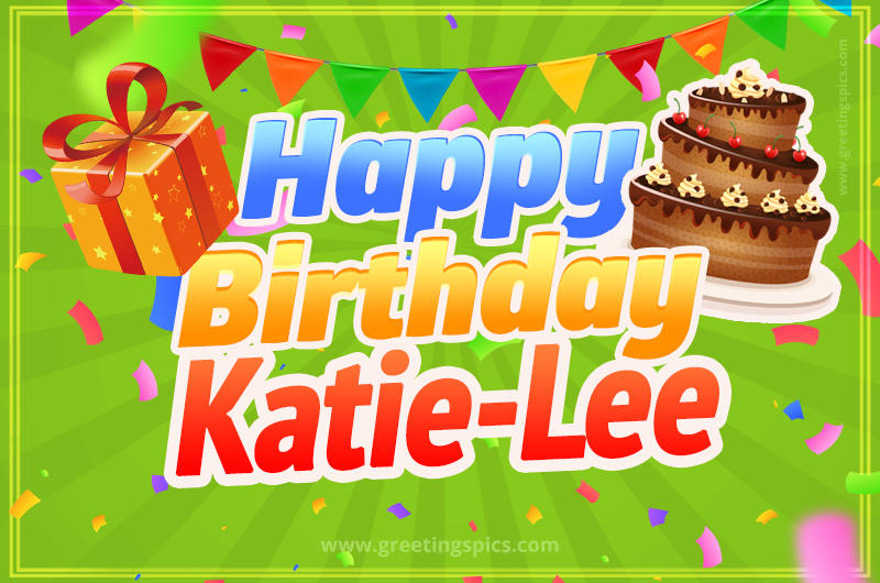 Happy Birthday Katie-Lee picture with flags, chocolate cake and gift box