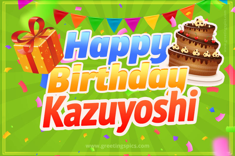 Happy Birthday Kazuyoshi picture with flags, chocolate cake and gift box