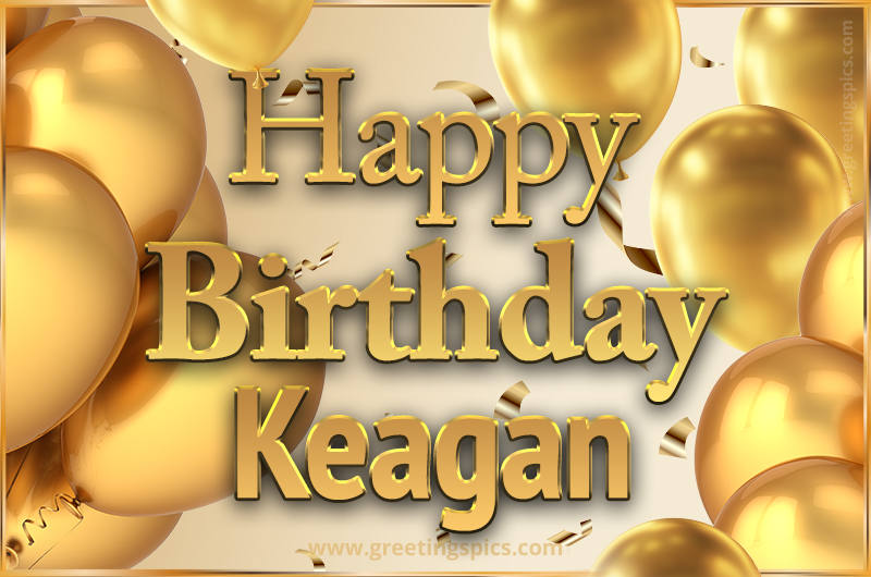 Happy Birthday Keagan Card with golden confetti and balloons