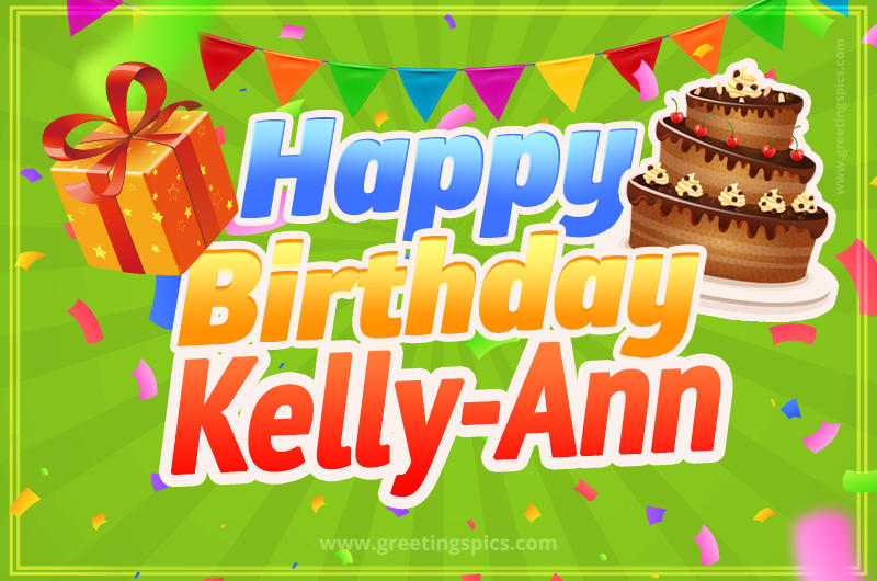 Happy Birthday Kelly-Ann picture with flags, chocolate cake and gift box