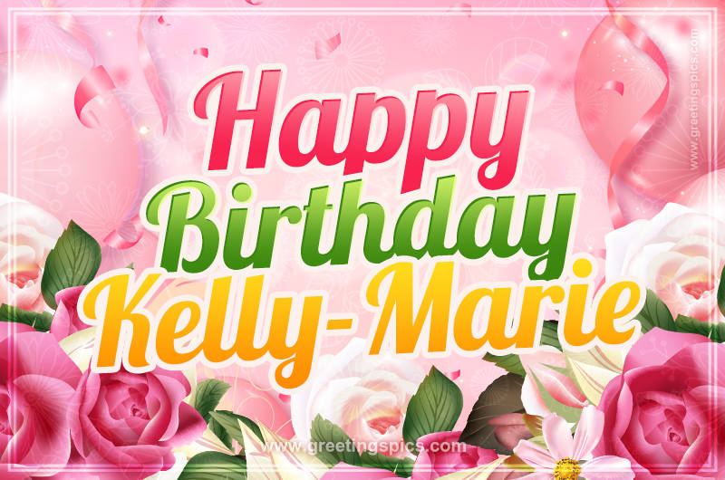 Image with gentle pink background and flowers Happy Birthday Kelly-Marie