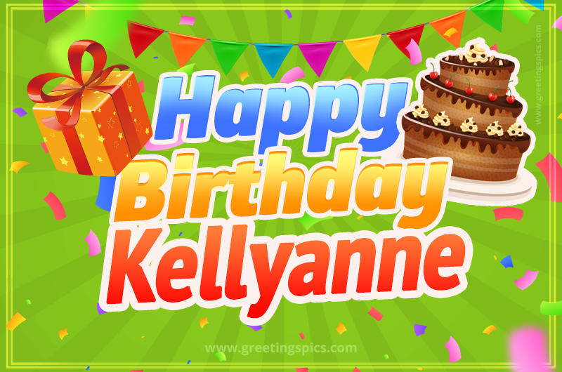 Happy Birthday Kellyanne picture with flags, chocolate cake and gift box