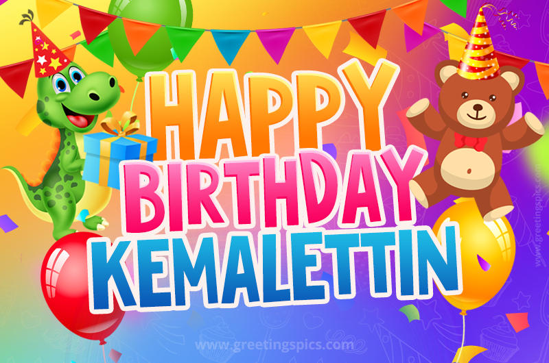 Happy Birthday Kemalettin Image for a child with cute baby dinosaur and bear