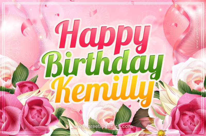 Image with gentle pink background and flowers Happy Birthday Kemilly