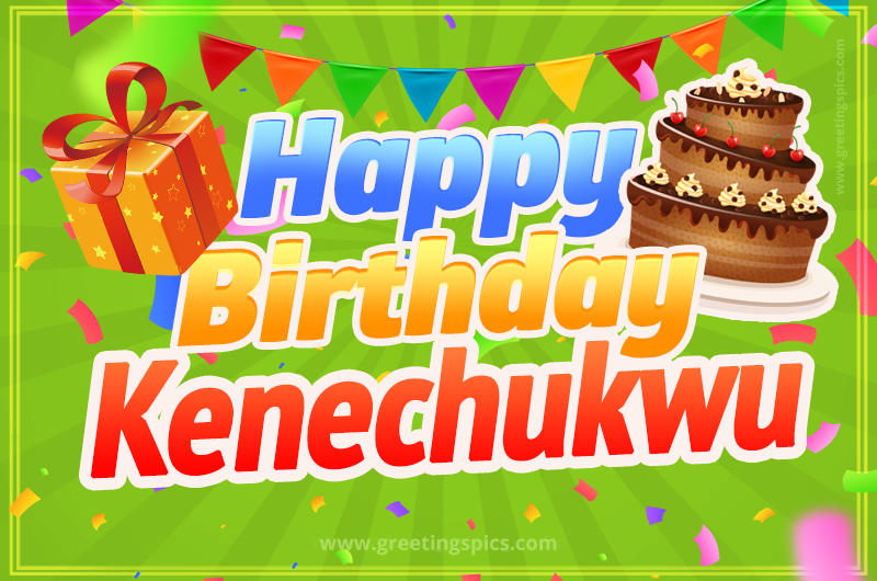 Happy Birthday Kenechukwu picture with flags, chocolate cake and gift box