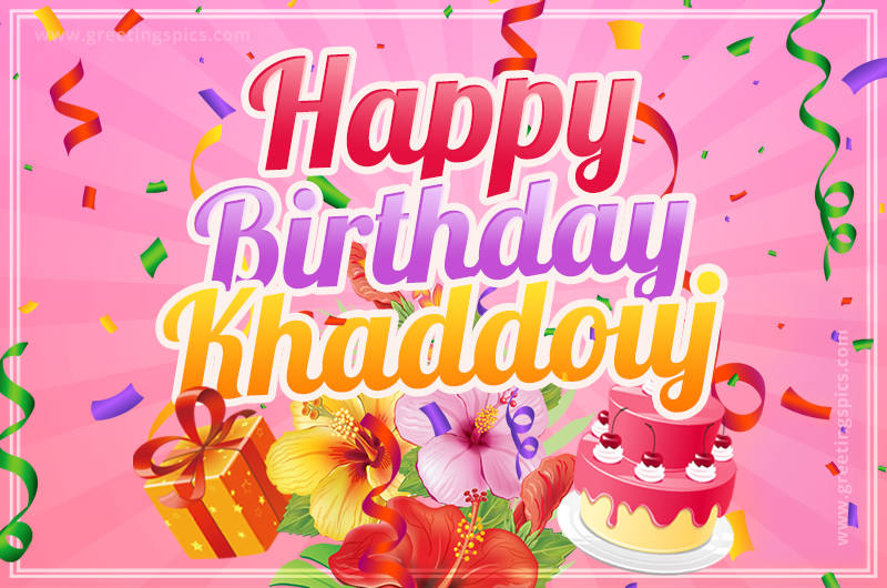 Beautiful Birthday Card for Khaddouj with Cake and bouquet of flowers