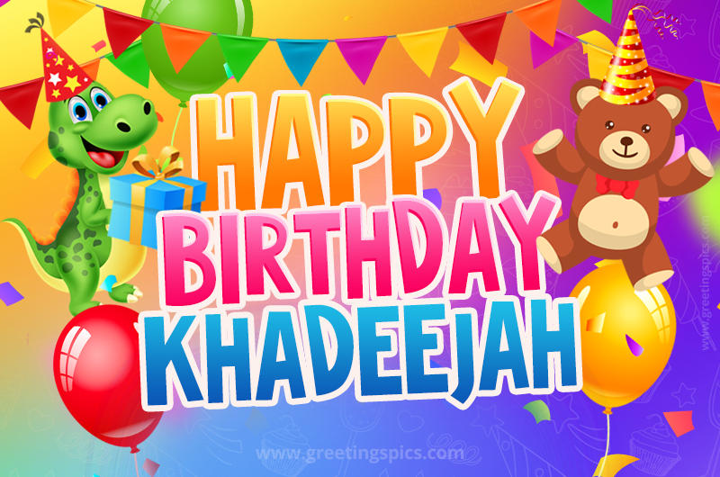 Happy Birthday Khadeejah Image for a child with cute dinosaur and bear