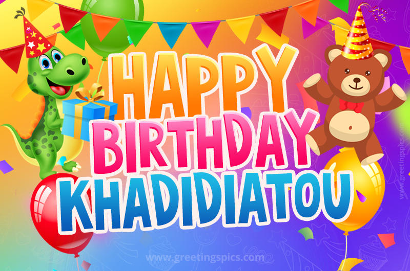 Happy Birthday Khadidiatou Image for a child with cute dinosaur and bear