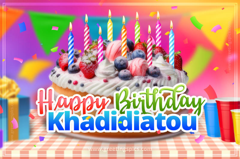 Happy Birthday Khadidiatou Colorful Image with fruit cake and candles