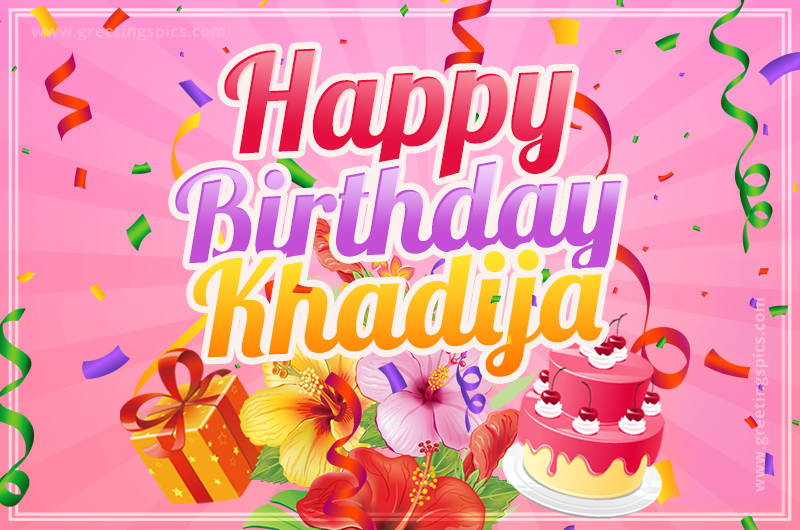 Beautiful Birthday Card for Khadija with Cake and bouquet of flowers