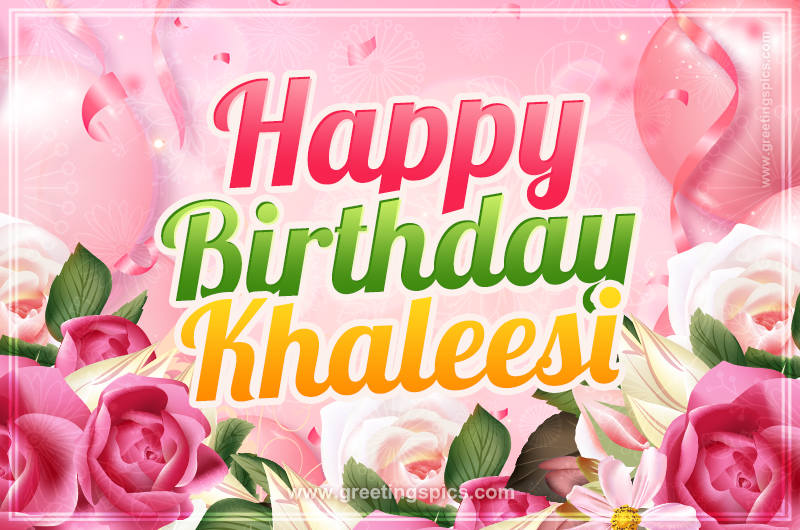 Image with gentle pink background and flowers Happy Birthday Khaleesi