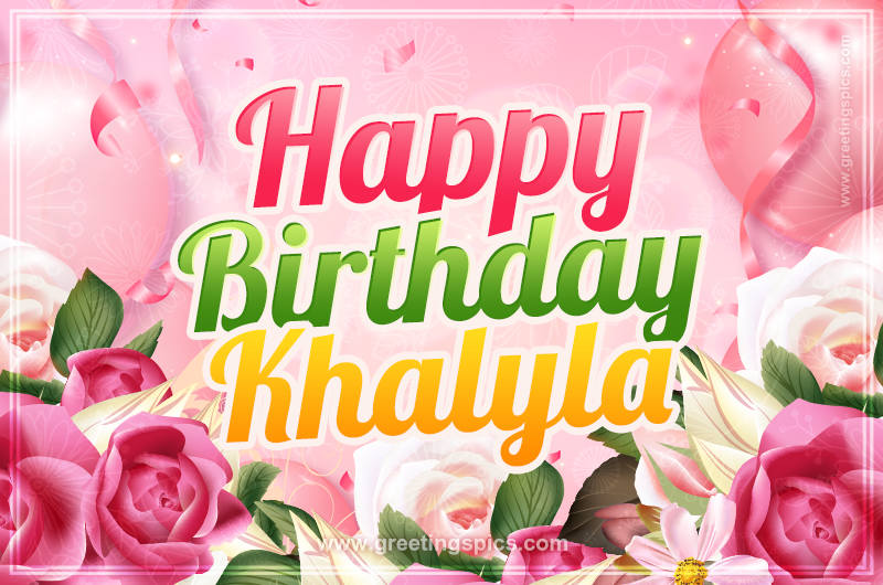 Image with gentle pink background and flowers Happy Birthday Khalyla