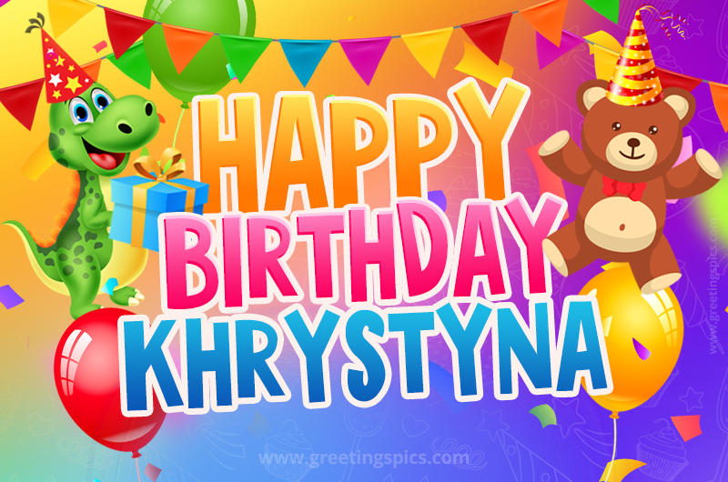 Happy Birthday Khrystyna Image for a child with cute dinosaur and bear