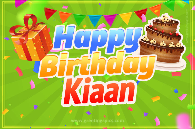 Happy Birthday Kiaan picture with flags, chocolate cake and gift box