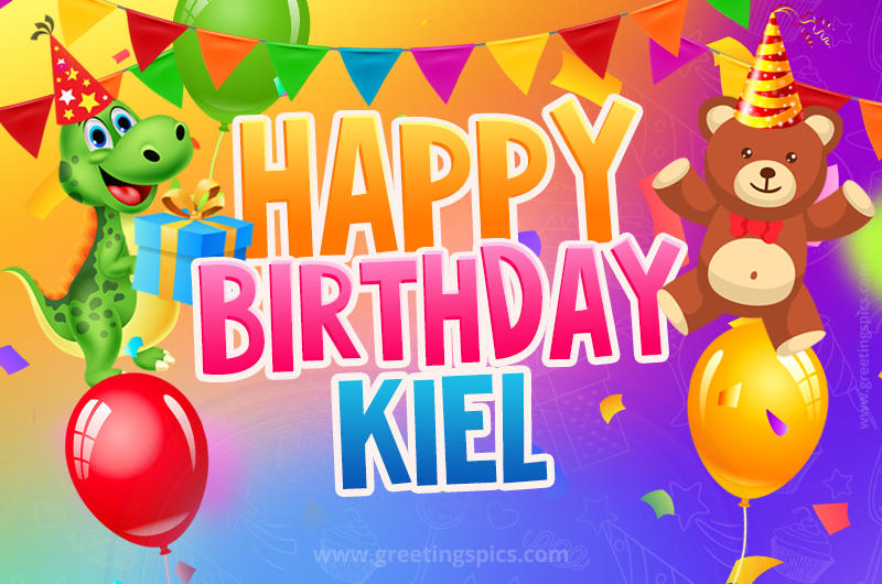 Happy Birthday Kiel Image for a child with cute baby dinosaur and bear