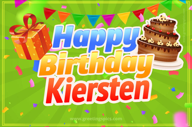 Happy Birthday Kiersten picture with flags, chocolate cake and gift box