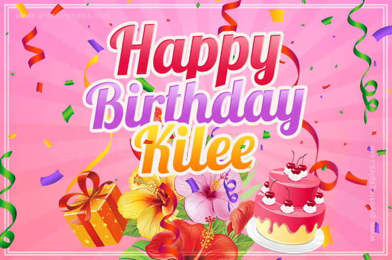 Beautiful Birthday Card for Kilee with Cake and bouquet of flowers