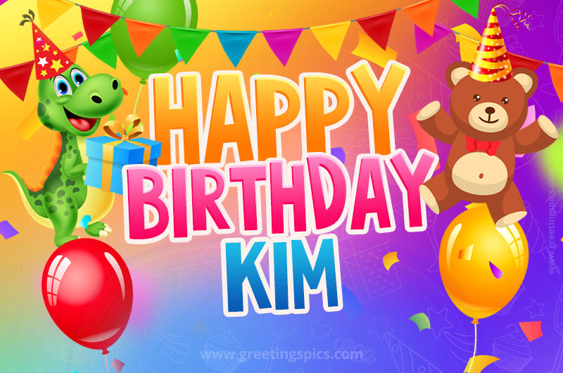 Happy Birthday Kim Image for a child with cute dinosaur and bear