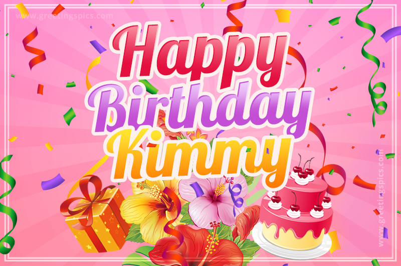 Beautiful Birthday Card for Kimmy with Cake and bouquet of flowers