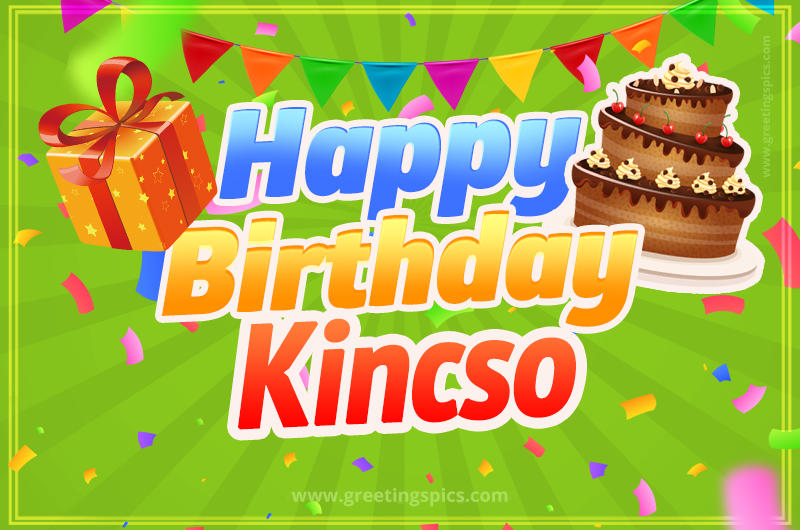 Happy Birthday Kincso picture with flags, chocolate cake and gift box