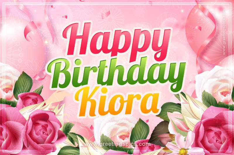 Image with gentle pink background and flowers Happy Birthday Kiora