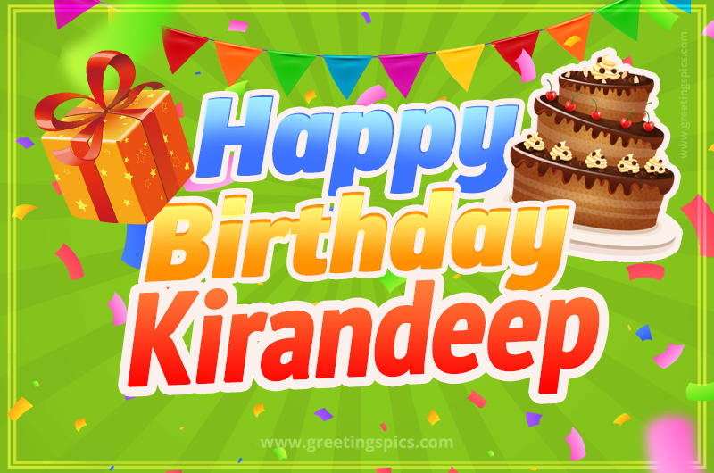 Happy Birthday Kirandeep picture with flags, chocolate cake and gift box