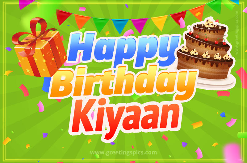 Happy Birthday Kiyaan picture with flags, chocolate cake and gift box