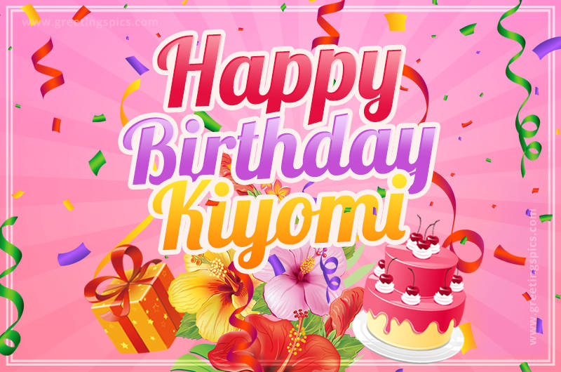 Beautiful Birthday Card for Kiyomi with Cake and bouquet of flowers