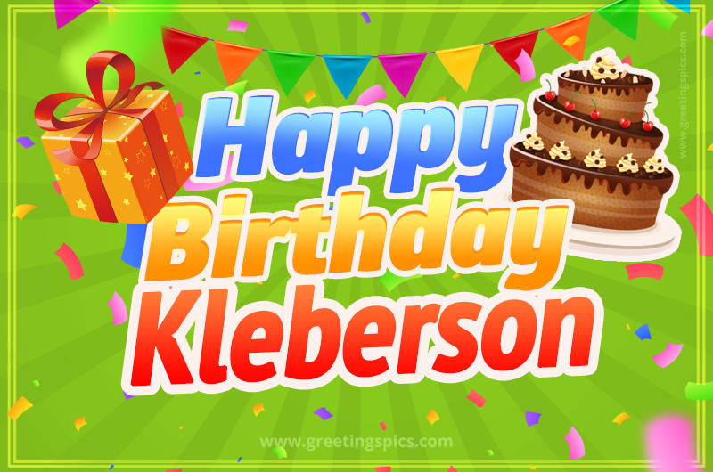 Happy Birthday Kleberson picture with flags, chocolate cake and gift box