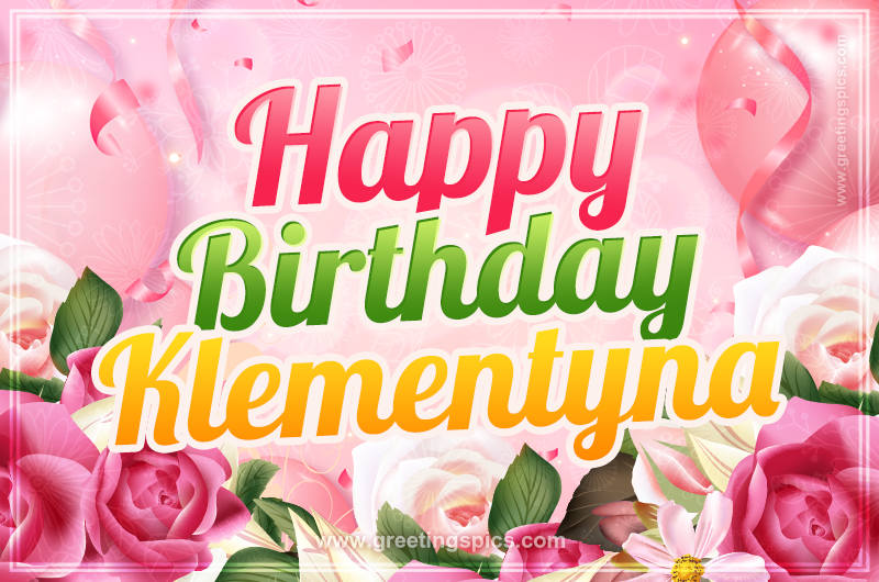 Image with gentle pink background and flowers Happy Birthday Klementyna