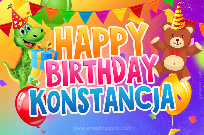 Happy Birthday Konstancja Image for a child with cute dinosaur and bear