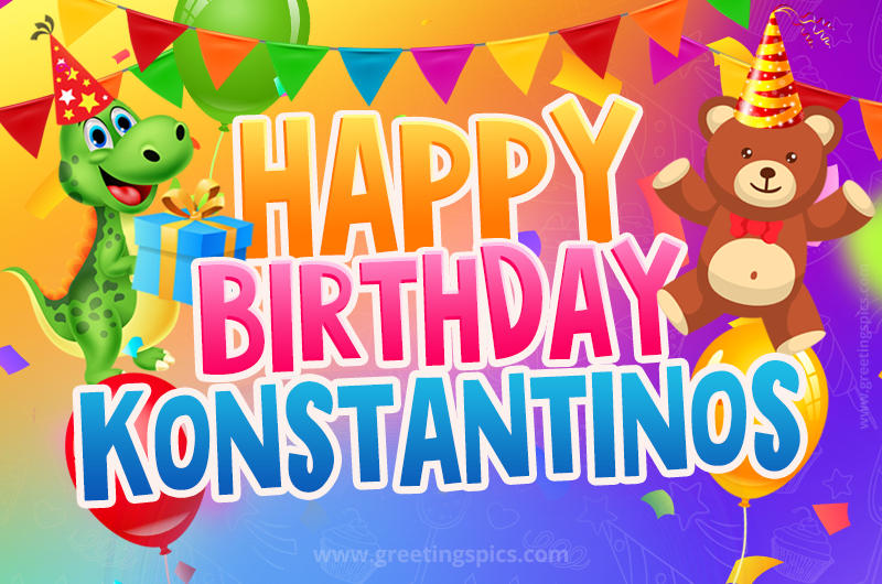 Happy Birthday Konstantinos Image for a child with cute baby dinosaur and bear