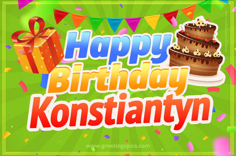 Happy Birthday Konstiantyn picture with flags, chocolate cake and gift box