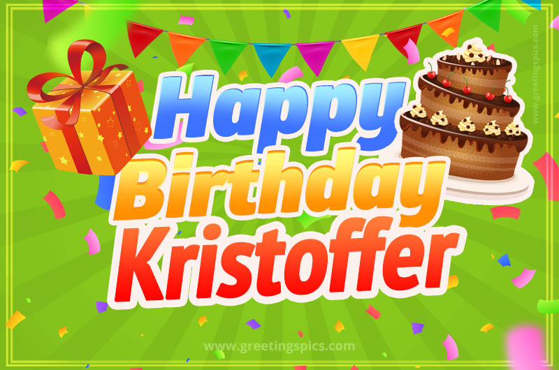 Happy Birthday Kristoffer picture with flags, chocolate cake and gift box