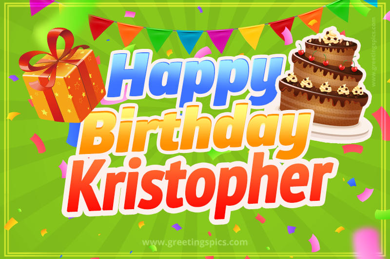 Happy Birthday Kristopher picture with flags, chocolate cake and gift box