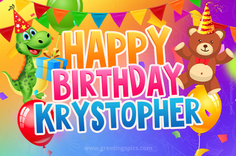 Happy Birthday Krystopher Image for a child with cute baby dinosaur and bear