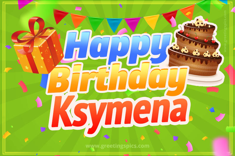 Happy Birthday Ksymena picture with flags, chocolate cake and gift box