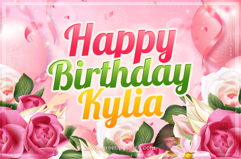 Image with gentle pink background and flowers Happy Birthday Kylia