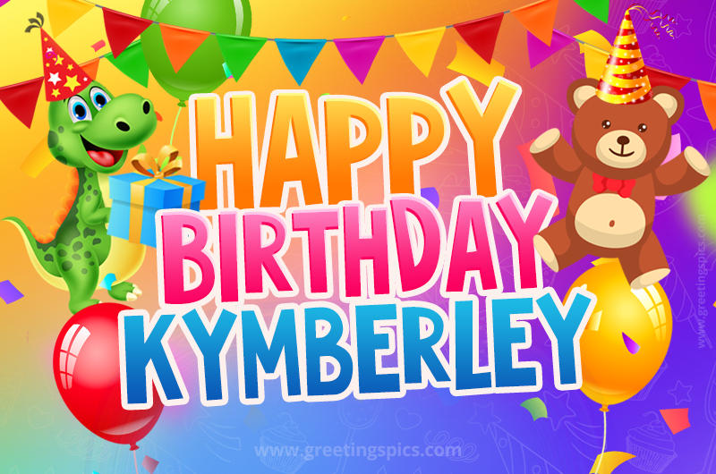 Happy Birthday Kymberley Image for a child with cute dinosaur and bear