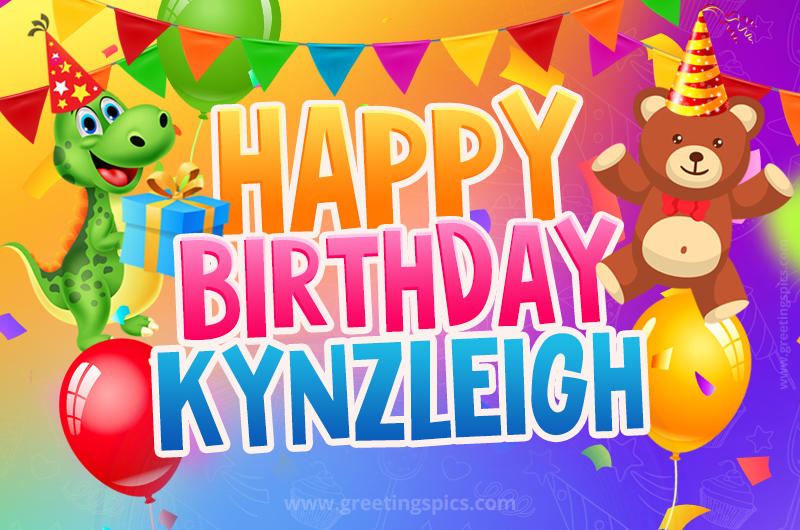 Happy Birthday Kynzleigh Image for a child with cute dinosaur and bear